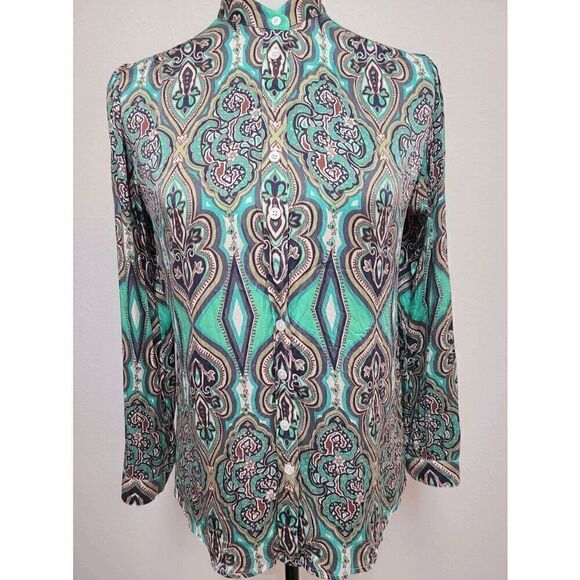 💚 CRAIG TAYLOR Women's Silk Button-down Paisley Print Green Shirt Blouse XS - Picture 10 of 16